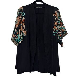 Black Embroidered Floral Kimono Cardigan Boho Festival Beach Cover Up